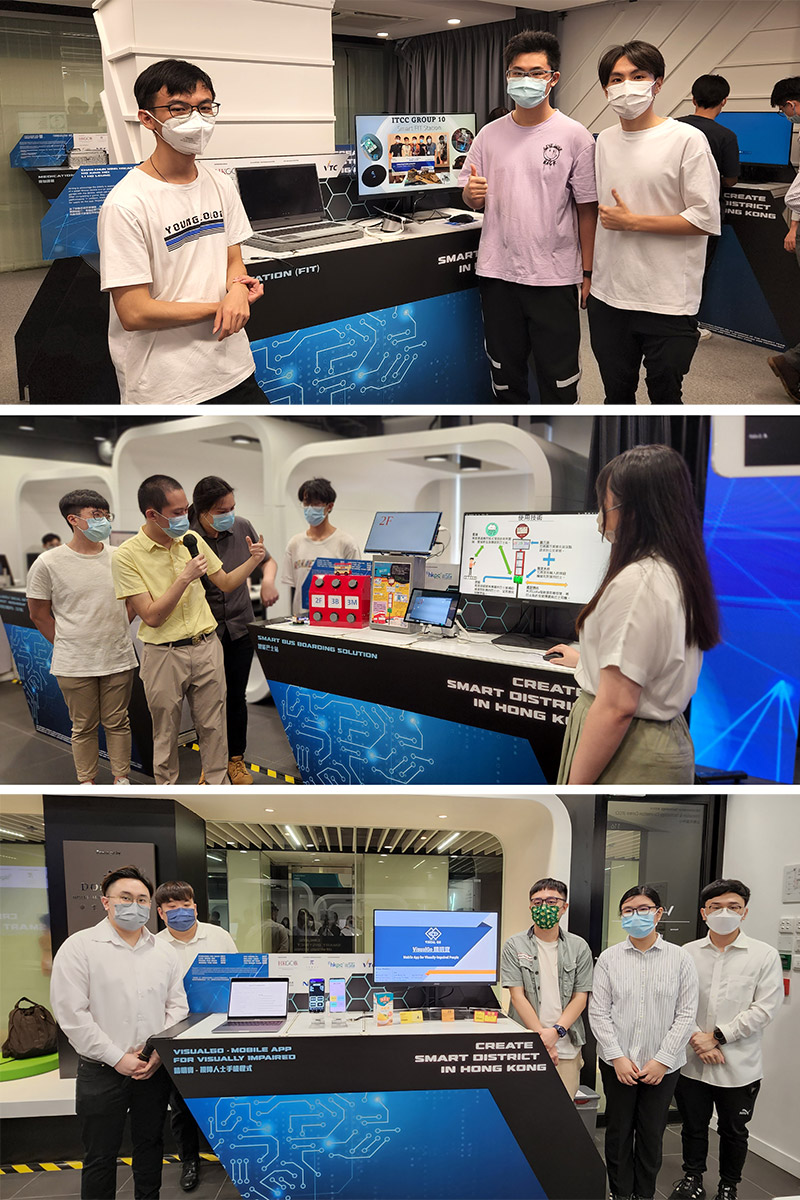 First place “Smart FIT Station” (top photo), second place “Smart Bus Boarding Solution” (middle photo) and third place “VisualGo” (bottom photo).