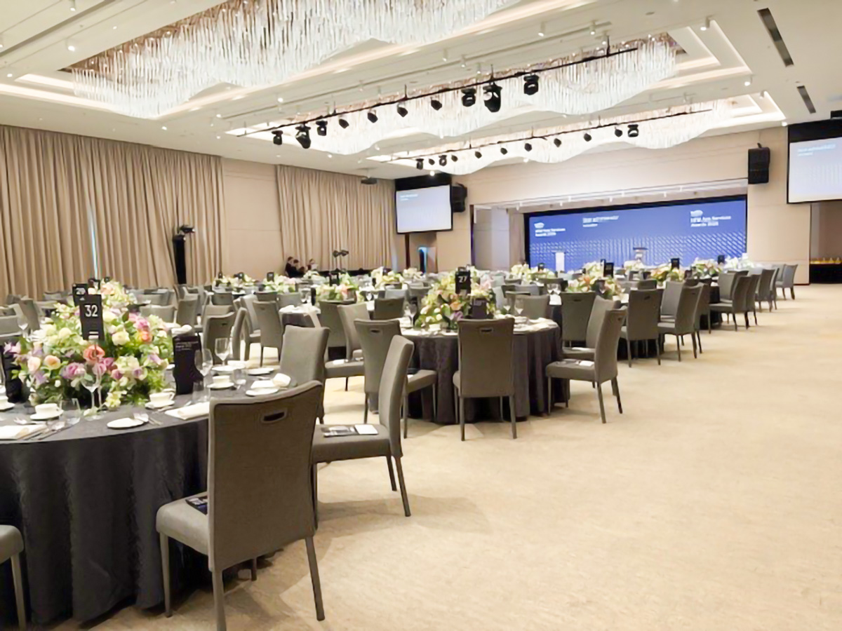 Ballroom set up with round tables